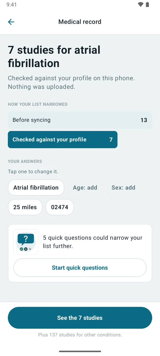 Results: 13 studies before syncing, 7 checked against the profile