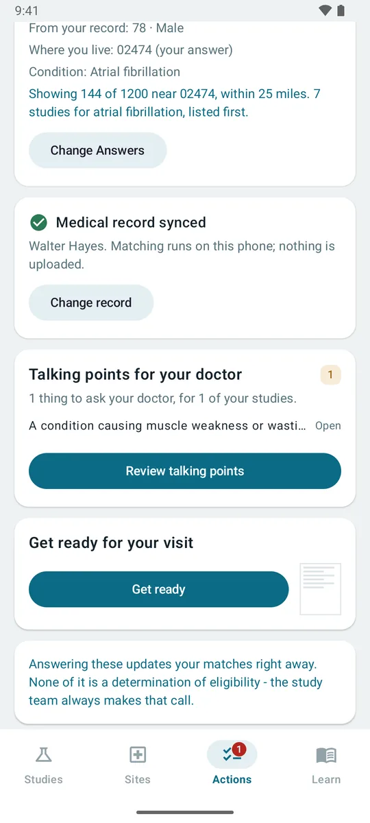 Talking points for your doctor, listing what a study asks for