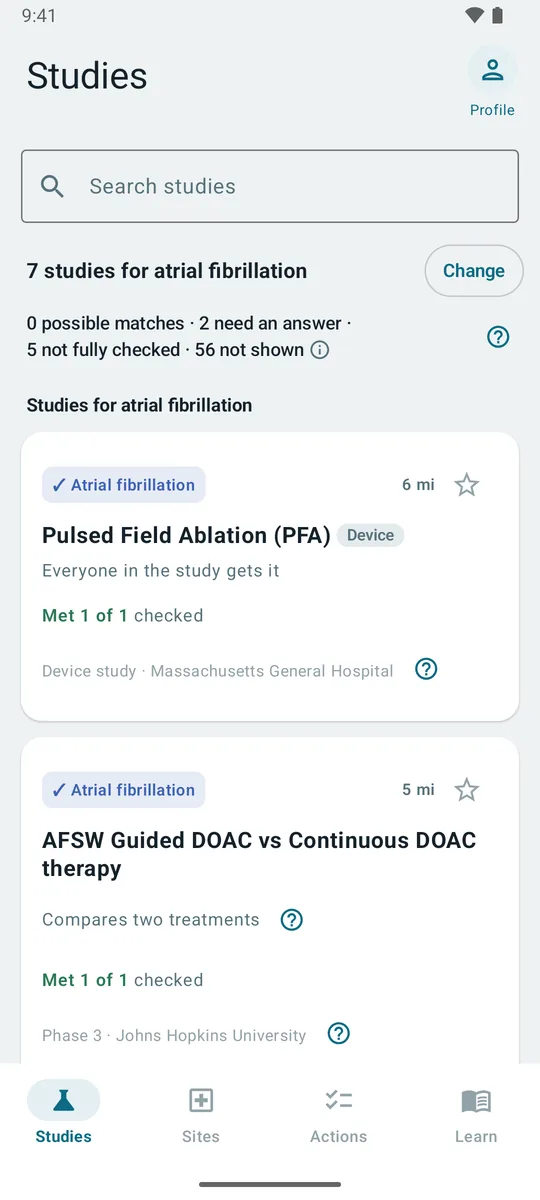 The Studies list: studies for atrial fibrillation, each with how much of it has been checked