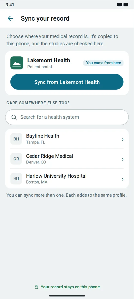 Sync your record: the patient's own health system first, then a search for any other health system