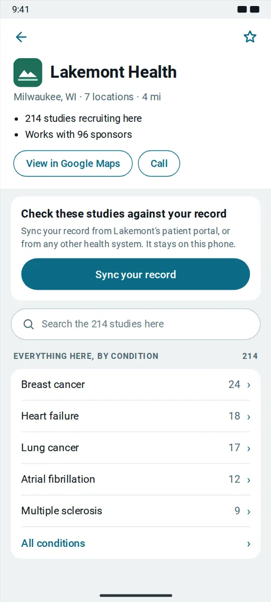 A health system's page in the app, listing the studies at its locations. The health system is an example.