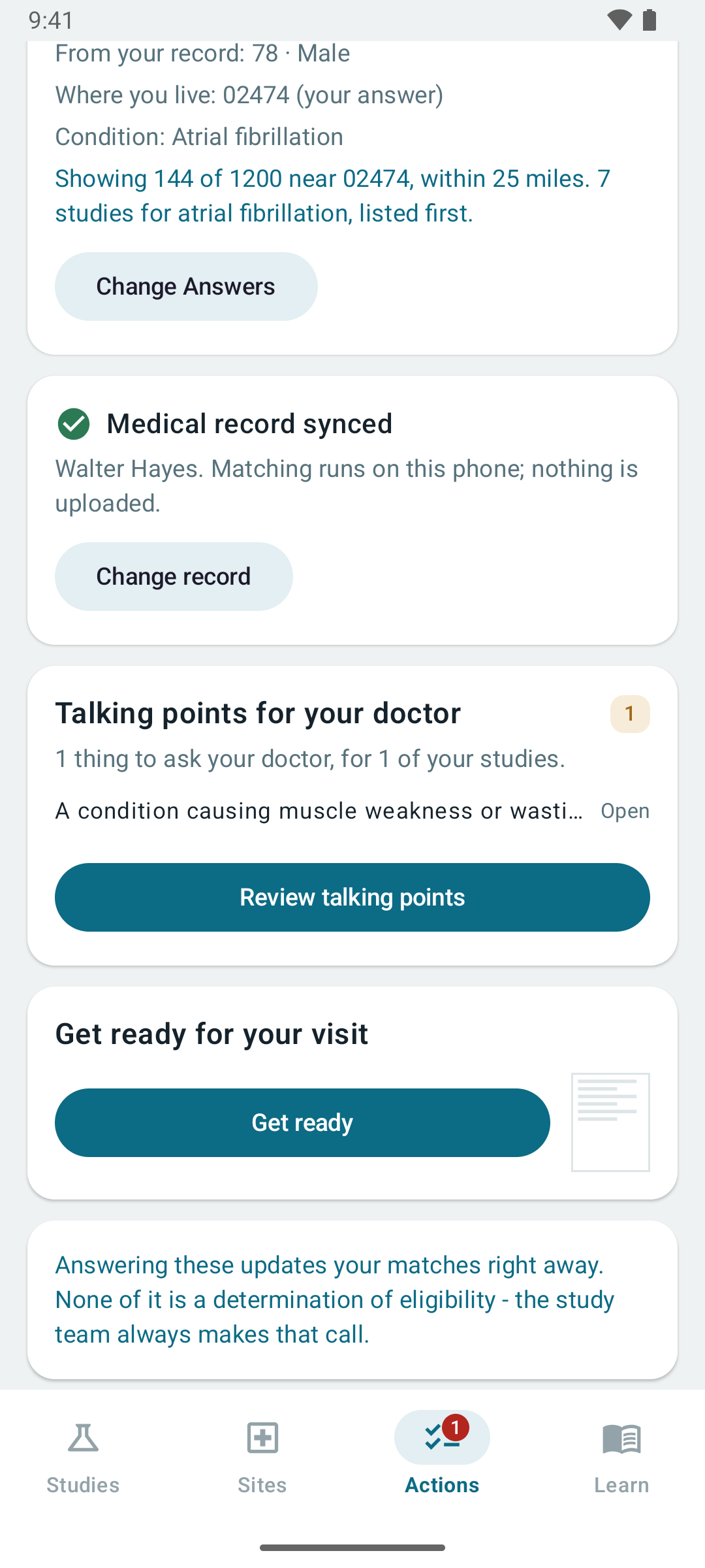 Talking points for your doctor, listing what a study asks for