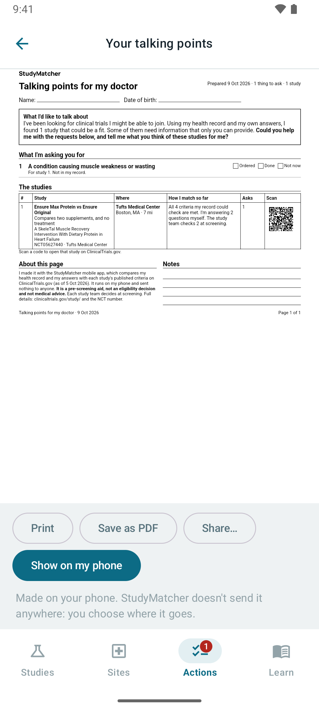 The one-page talking points sheet, as the app shows it before printing